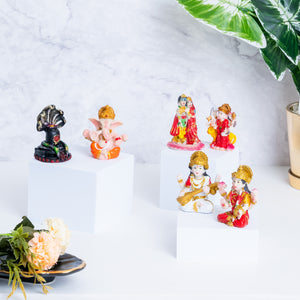 Multicolor Resin Mini Hindu God Figurines Set - Radha Krishna, Ganesha & More for Pooja Mandir Decor by Accent Collection