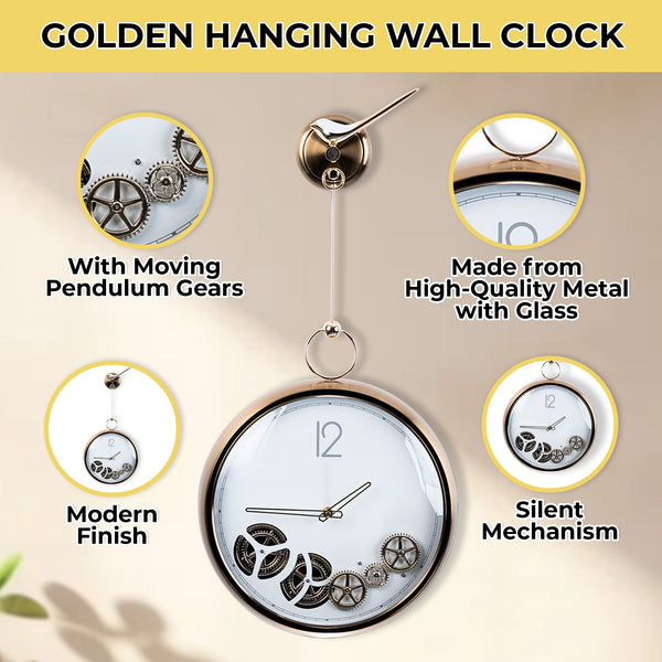 Elegant Brushed Gold Metal Wall Clock, Silent Moving Pendulum, White Dial, Unique Decor for Living Spaces by Accent Collection