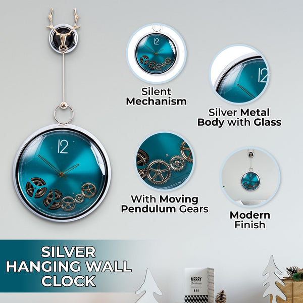 Elegant Teal Dial Silver Metal Pendulum Wall Clock - Vintage Luxury With Silent Gears by Accent Collection