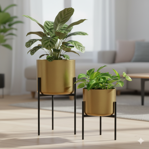 Modern Gold Planters with Black Stand Set, Electroplated Metal for Fresh or Faux Plants, Living Room Patio Decor Gifts-Sona Casa