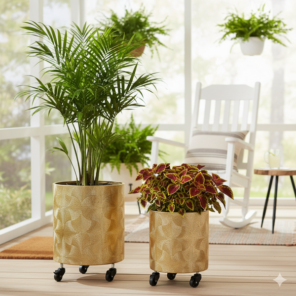 Gold Metal Foil Planters Set with Wheels and Drain Plug, Indoor Pot for Fresh or Faux Plants Home Decor Gift-Sona Casa