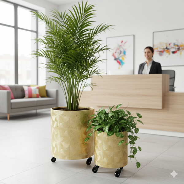 Gold Metal Foil Planters Set with Wheels and Drain Plug, Indoor Pot for Fresh or Faux Plants Home Decor Gift-Sona Casa