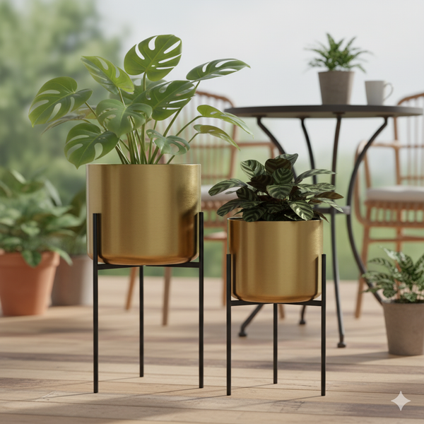 Modern Gold Planters with Black Stand Set, Electroplated Metal for Fresh or Faux Plants, Living Room Patio Decor Gifts-Sona Casa