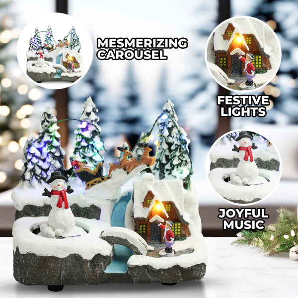 Christmas Village Set, Animated Figures, Musical Carousel, 6" Xmas Decor