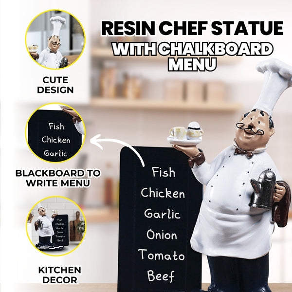 Polyresin Chef Statue with Writable Black Board Menu, Kitchen Interior Decoration, Unique Gift Idea 9 inch 23 cm