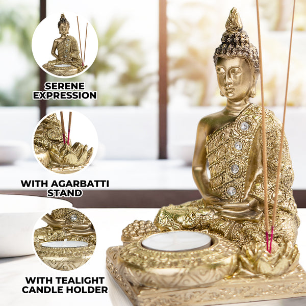 Golden Buddha Statue & Incense Holder, 6" Tabletop Decor