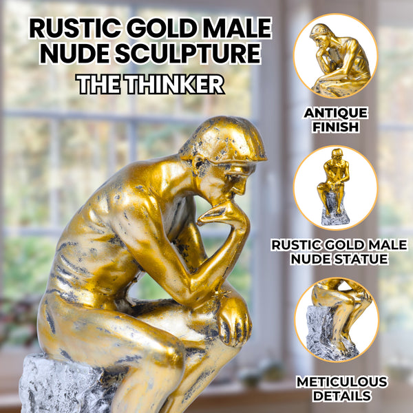 Rustic Gold Male Nude Sculpture, Auguste Rodin's The Thinker Gold Decor for Home or Office 10 inch 24 cm