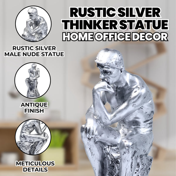 Rustic Silver Male Nude Statue, Rodin's The Thinker Silver Decor for Home or Office 10 inch 24 cm | Home Decor