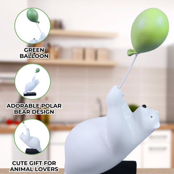 Funny Animal Statue Polar Bear Sculpture with Green Balloon Gift for Animal Lovers Polyresin Home Decor 11 inch 27 cm | Home Decor