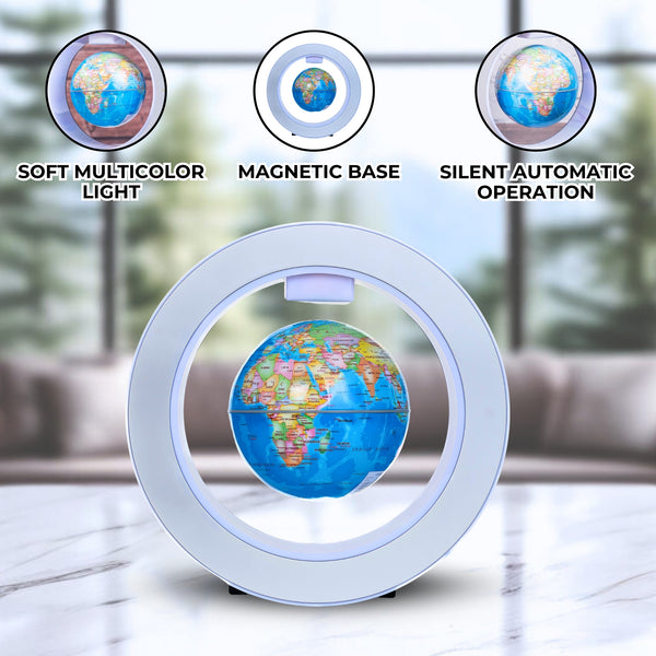 Levitating Globe Lamp, 9" Magnetic Silent Spinning Earth, LED Light