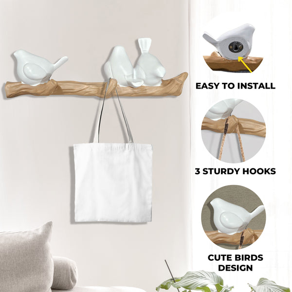 3-Hook Bird Polyresin Wall Hanger, 13" Coats, Hats, Towels Hanger Organizer