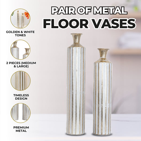 2 Piece Rustic Metal Floor Vases, Tall Vases, Golden White Distressed Design, Rustic Decorative Vase for Home, Indoor Decor Large 33 inch 83 cm Medium 27 inch, 70 cm