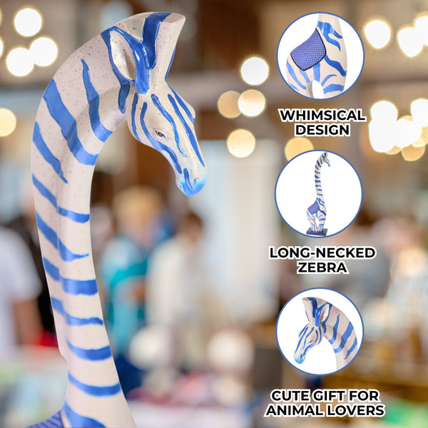 Magical Long-Necked Zebra Statue Table Top Coffee Table Centerpiece Home Decor Polyresin Artwork White Blue 18 inch 46 cm | Home Decor