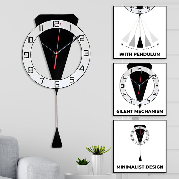 Black White Luxury Modern Pendulum Wall Clock, 23" Silent Nonticking Decorative Clock, Decor For Living Room, Office, Bedroom by Sona Casa