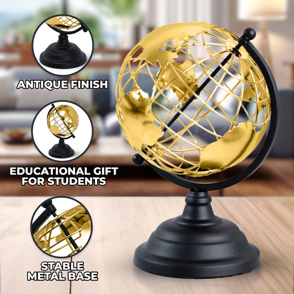 Golden Antique Globe, 10" Metal Decor Accent Tabletop Centerpiece by Sona Casa