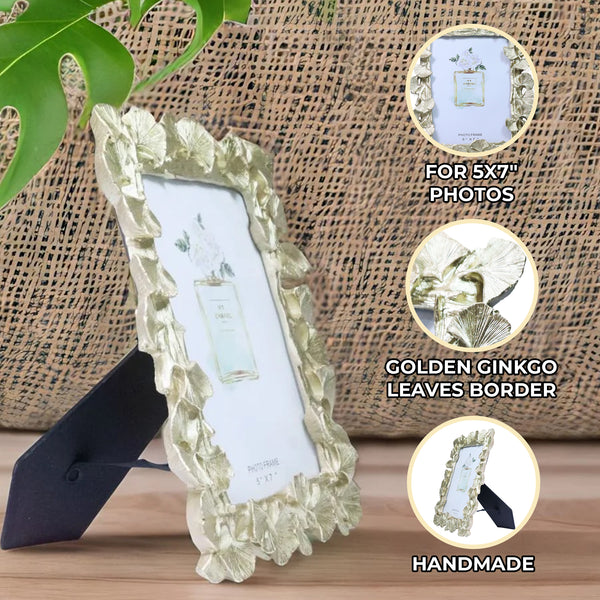 5x7 inch Photo Frame, 3D Golden Ginkgo Leaves Picture Frame Border, Handmade Decorative Frame 9 inch 23 cm