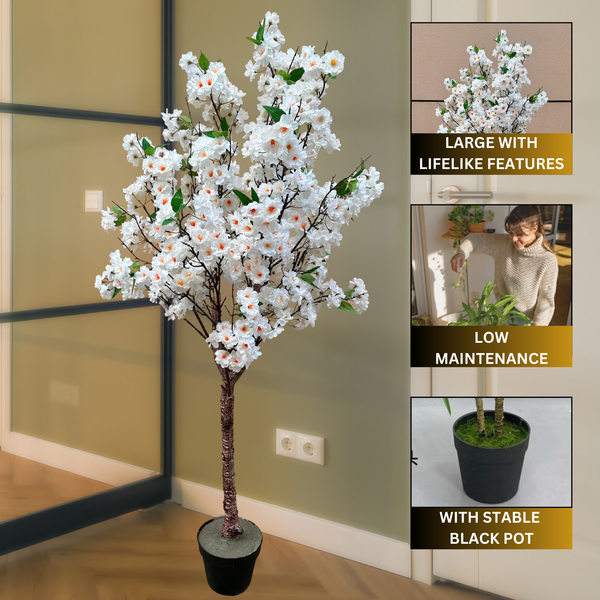 Large Artificial Tree, 55" White Sichuan Cherry Blossom, Nearly Natural Fake Plant, Indoor Outdoor Decor for Garden, Patio, Front Porch