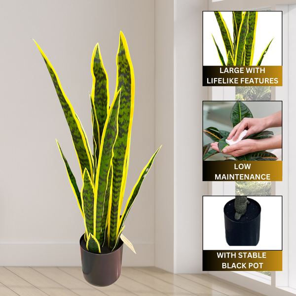Large Artificial Snake Plant, Realistic Fake 30" Faux Plant with Cement Base, Indoor Outdoor Home Decor, Patio, Front Porch, Living Room Ornament