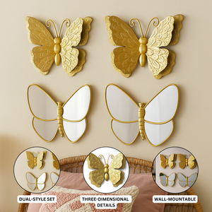 4 Piece Gold Butterfly Wall Decor Set, 3D Metallic Wall Sculpture & Mirrored Accents, Modern Glam Home Decor for Bedroom, Living Room, Nursery-Sona Casa