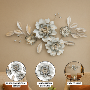 Large Metal Wall Art, 1.5m 3D Floral Sculpture, Modern Silver Flower Wall Decor for Living Room, Bedroom & Entryway-Sona Casa