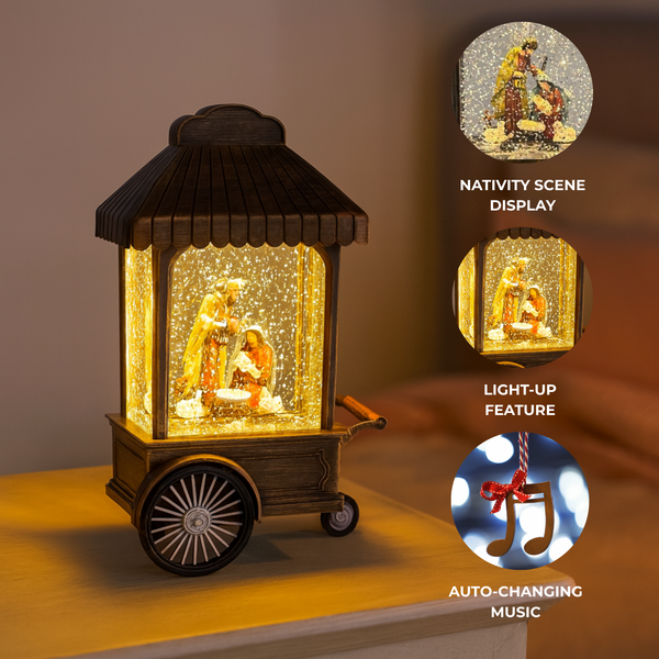 Christmas Nativity Snow Globe, Holy Family Xmas Table Ornament, USB or Battery Operated with Music, Snow Flake, Lights, Decor Gift-Sona Casa
