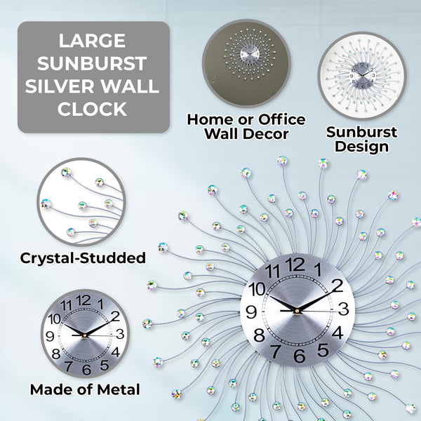 Luxury Silver Metal Wall Clock 60cm - Crystal Embedded, Non-Ticking, Mid Century Modern & Elegant Design by Accent Collection