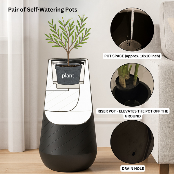Set of 2 Contemporary Decorative Self Watering Pot, Modern Tall Black Indoor Planter, 33 in Home, Office, Garden Decoration, Gift-Sona Casa
