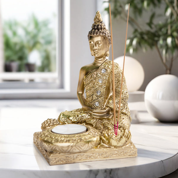 Golden Buddha Statue & Incense Holder, 6" Tabletop Decor