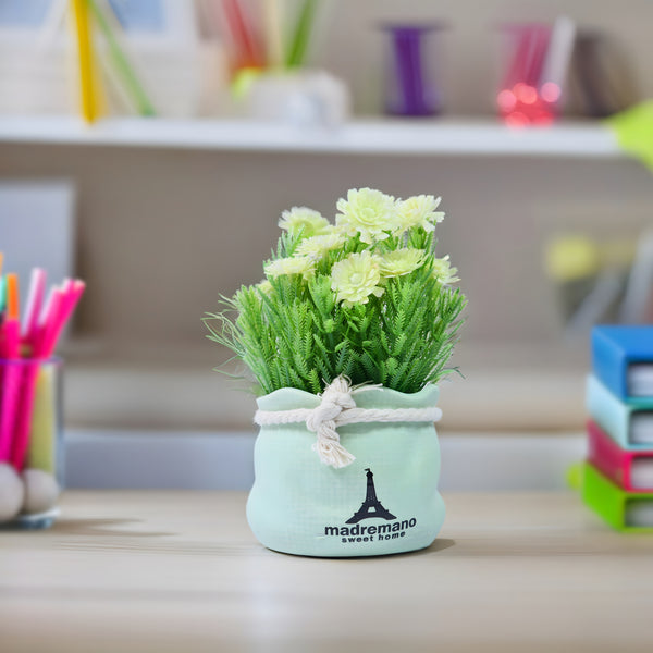 Small Flower Vase with Faux Flowers Tabletop Centerpiece for Home of Office Decor, Green 6 inch 15 cm