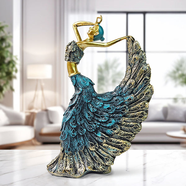 Peacock Feather Polyresin Lady Figurine, 11" Shelf, Table Decor Centerpiece