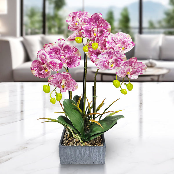 Elegant Pink Faux Orchid In Rustic Cement-Like Polyresin Planter, Realistic Desk And Shelf Decor