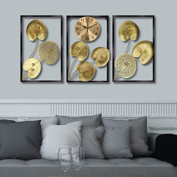 Extra Large Golden Decorative Wall Clock, 24" Silent Non Ticking Clock with Decorative Panels Wall Decor by Sona Casa