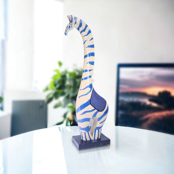 Magical Long-Necked Zebra Statue Table Top Coffee Table Centerpiece Home Decor Polyresin Artwork White Blue 18 inch 46 cm | Home Decor