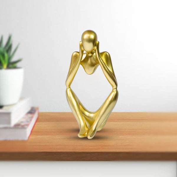 Small Abstract Sculpture, The Thinker Statue, 9" Golden Table Decor