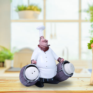 Polyresin Statue of Chef Holding 2 Ceramic Pretzel Shakers Kitchen Decor, Salt Pepper Holder 7 inch, 19 cm | Home Decor