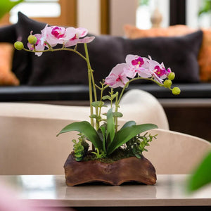 Lifelike Pink Orchid Faux Plant In Wooden-Like Resin Planter - Realistic Green Leaves & Flowers by Accent Collection