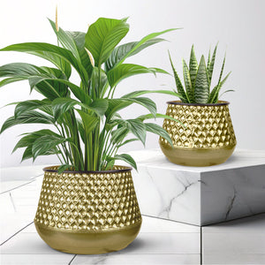 Golden Plant Container Set of 2, 26" Large 19" Small Metal Planters Decor by Sona Casa