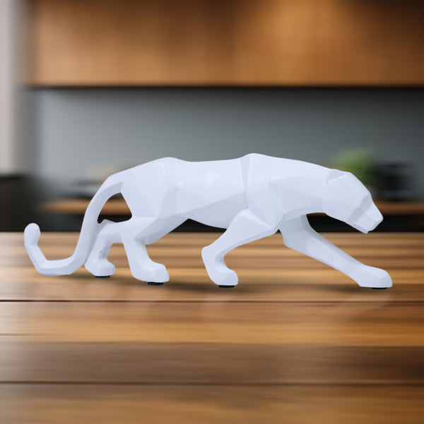 Small White Panther Sculpture Home Decor, Tabletop Centerpiece for Living Room 10 inch 25 cm Wide