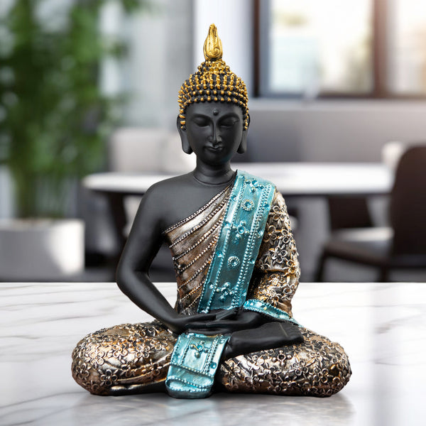 Small Buddha Statue Polyresin, Black Gold 11" Tabletop Decor