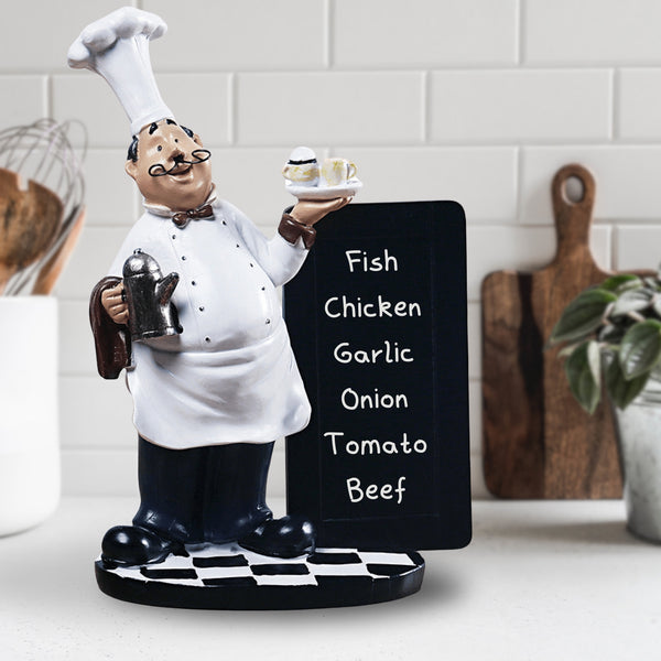 Polyresin Chef Statue with Writable Black Board Menu, Kitchen Interior Decoration, Unique Gift Idea 9 inch 23 cm