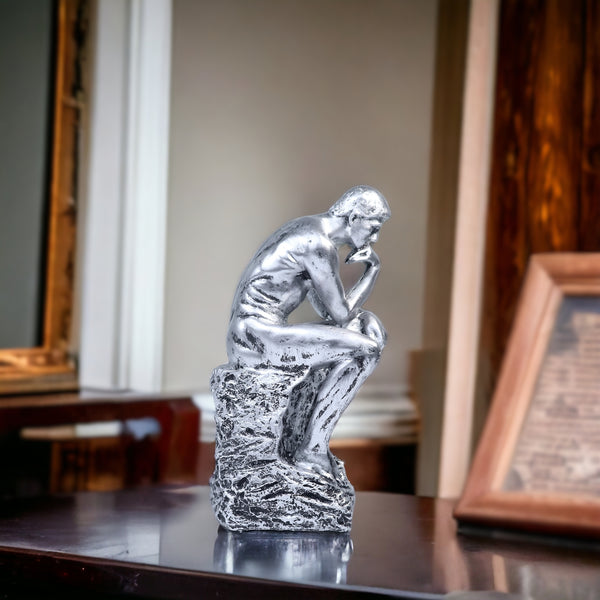 Rustic Silver Male Nude Statue, Rodin's The Thinker Silver Decor for Home or Office 10 inch 24 cm | Home Decor