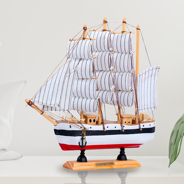 Wooden Ship Model, Cloth Sails, 9" Nautical Tabletop Decor