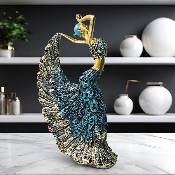 Peacock Feather Polyresin Lady Figurine, 11" Shelf, Table Decor Centerpiece