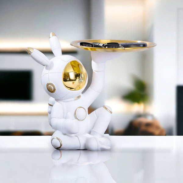 White & Gold Polyresin Astronaut Sculpture, Multi-Use Tray For Keys, Jewelry & Candy, Perfect For Nursery Decor & Office Desk