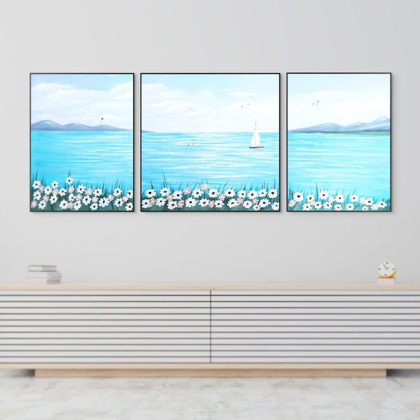 Handmade Blue Lake, Boat Canvas, 79" Wide Wall Art Painting Decor