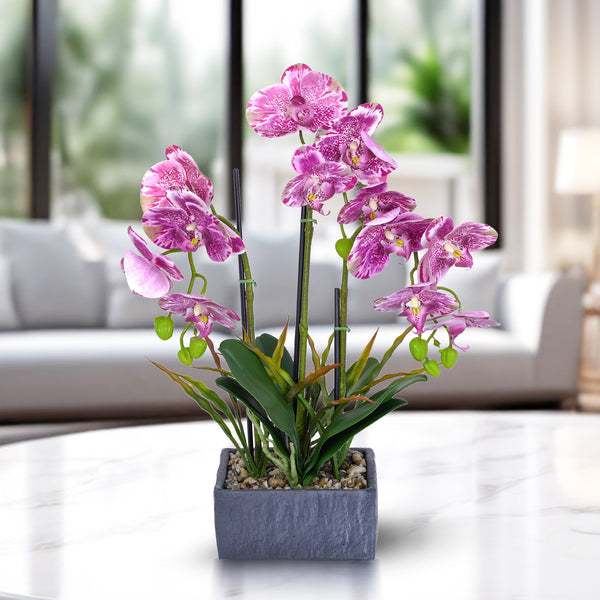 Elegant Pink Faux Orchid In Rustic Cement-Like Polyresin Planter, Realistic Desk And Shelf Decor