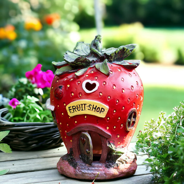 Polyresin Strawberry Solar Statue, 16" Fairy Garden Accessory Outdoor Decor