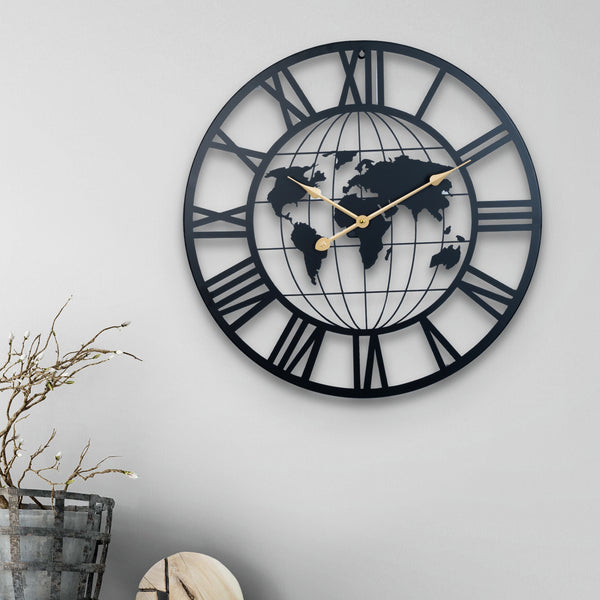 Round Metal Wall Clock, Embedded World Map, 24" Roman Numeral Clock, Silent