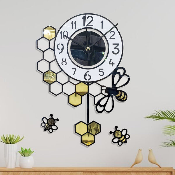 Black Honeycomb DIY Beehive Pendulum Wall Clock - Luxury Minimalist Modern Decor