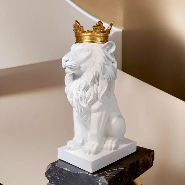 White Lion King with Golden Crown, Statue of a Lion, Table Centerpiece, Home or Office Decor, 36 cm, 24 inch, Unique Gift